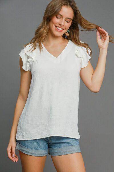 Umgee Full Size V-Neck Double Layered Ruffle Sleeve Blouse Plus Size - Selvanelle