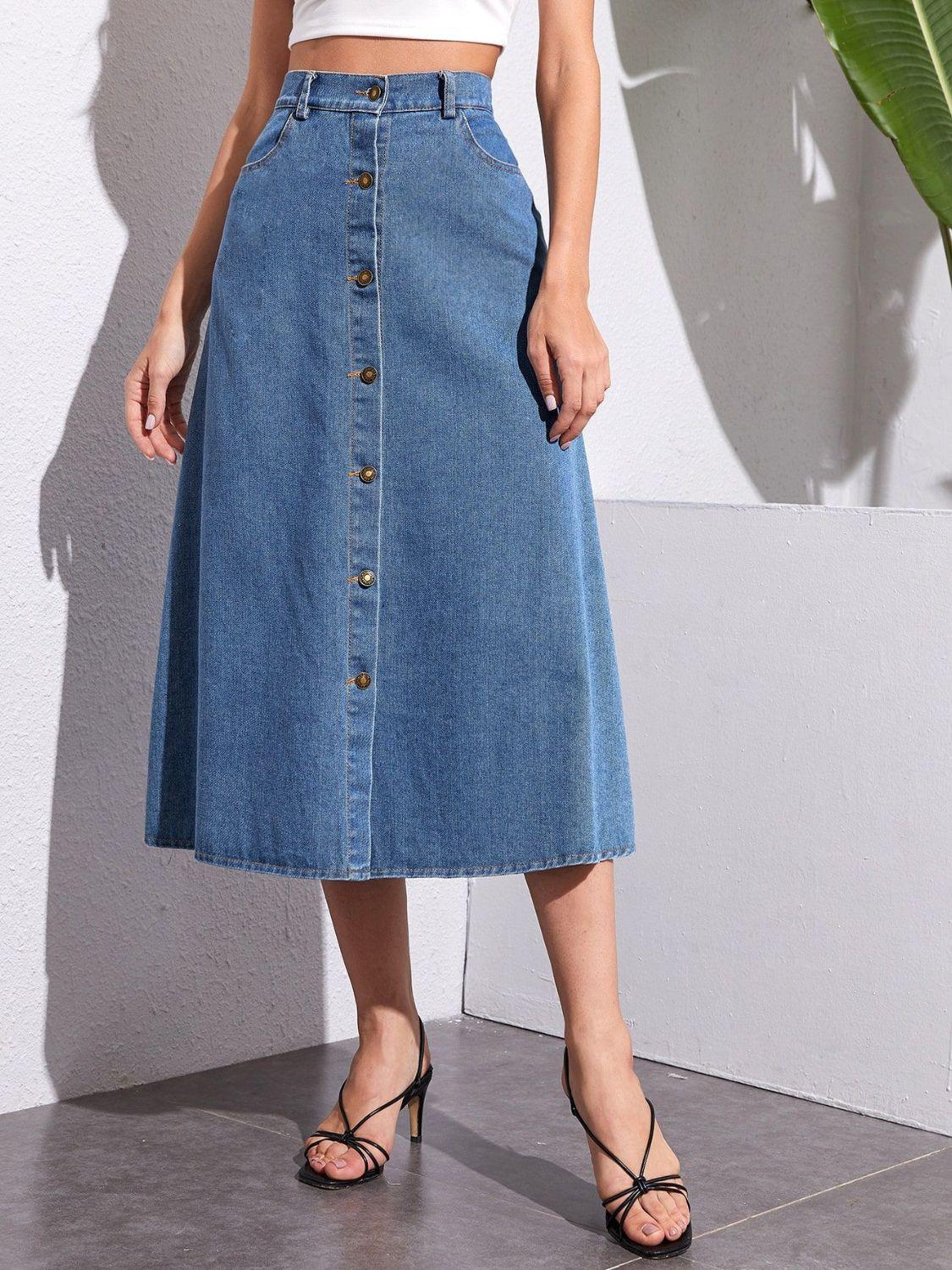 Buttoned Midi Denim Skirt with Pockets for Women