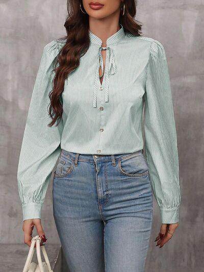 Striped Tie Neck Long Sleeve Shirt for Women Casual Wear - Selvanelle