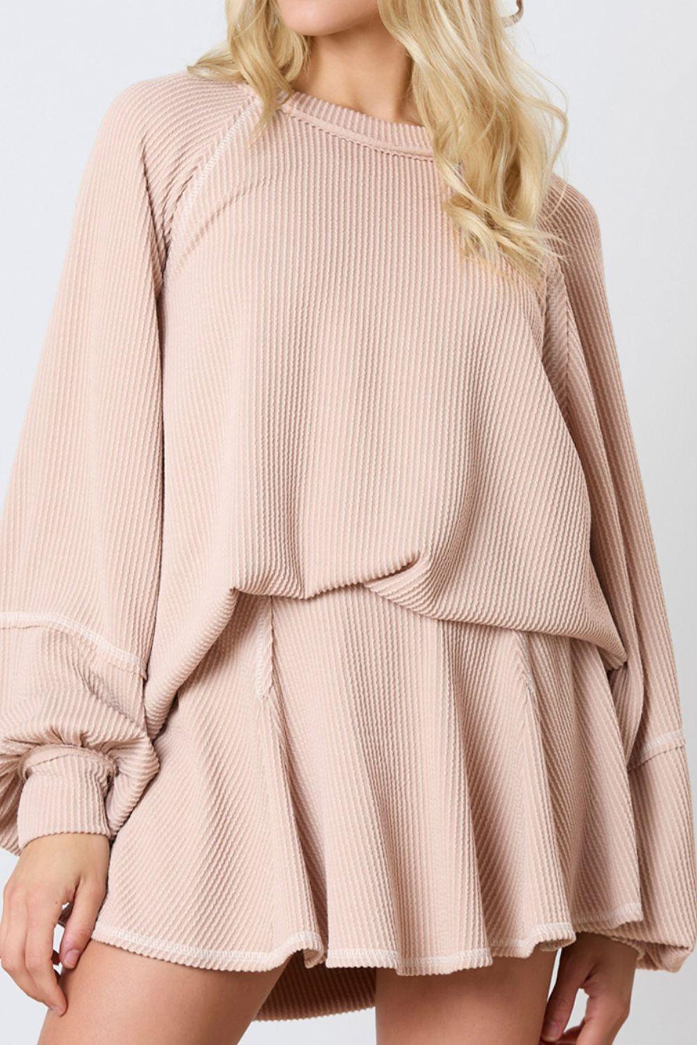 Texture Round Neck Long Sleeve Top and Skirt Set for Women