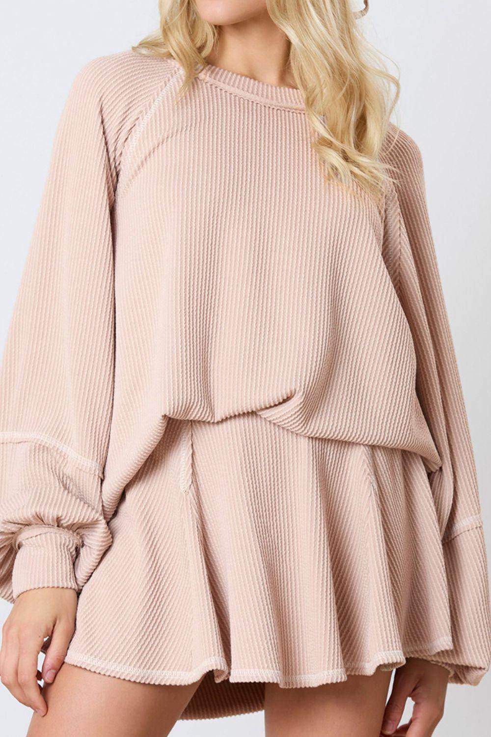 Texture Round Neck Long Sleeve Top and Skirt Set for Women - Selvanelle