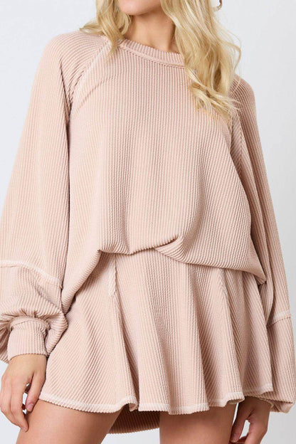 Texture Round Neck Long Sleeve Top and Skirt Set for Women - Selvanelle
