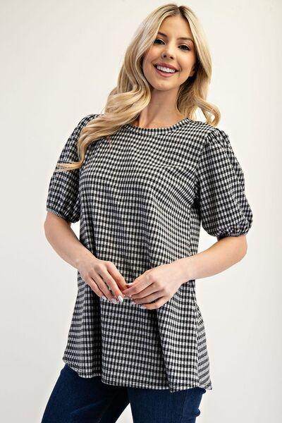 Celeste Full Size Gingham Print Top With Puff Sleeves Plus Size - Selvanelle