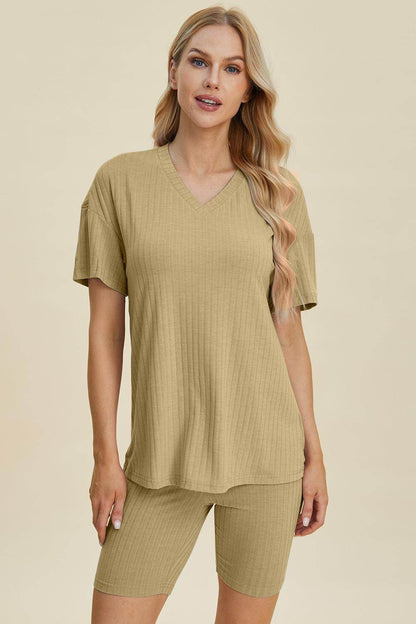 Basic Bae Full Size Ribbed V-Neck Top and Shorts Set For Women - Selvanelle