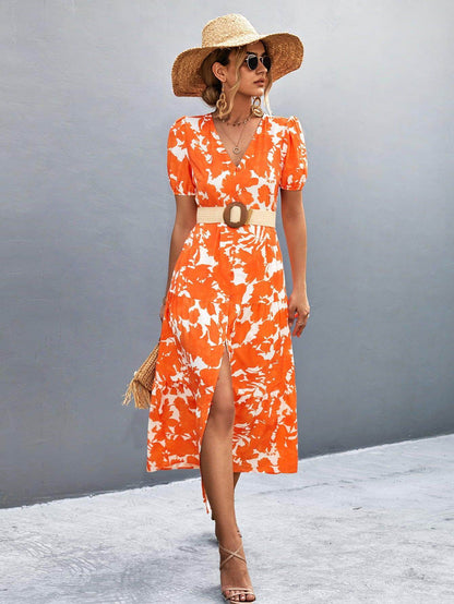 V-Neck Short Sleeve High Slit Midi Dress for Chic Style - Selvanelle