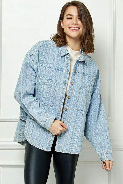 Veveret Button Up Dropped Shoulder Denim Top for Women - Selvanelle