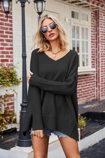 Slit V-Neck Dropped Shoulder Sweater for Effortless Style - Selvanelle