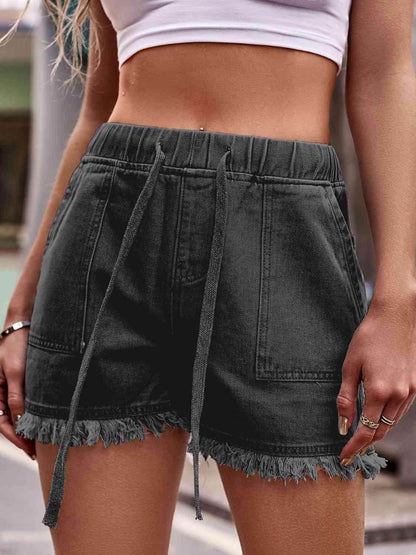 Drawstring Raw Hem Denim Shorts for Casual Chic Style - Selvanelle