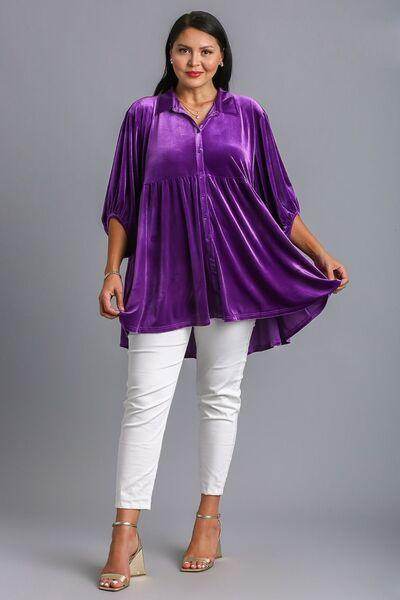 Umgee Full Size Button Down Tiered Back High Low Shirt - Selvanelle
