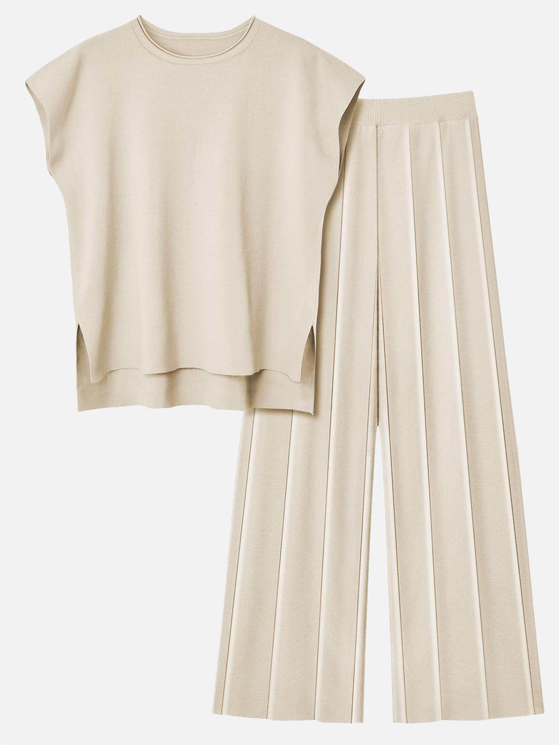 Round Neck Cap Sleeve Top and Pants Knit Set for Women - Selvanelle