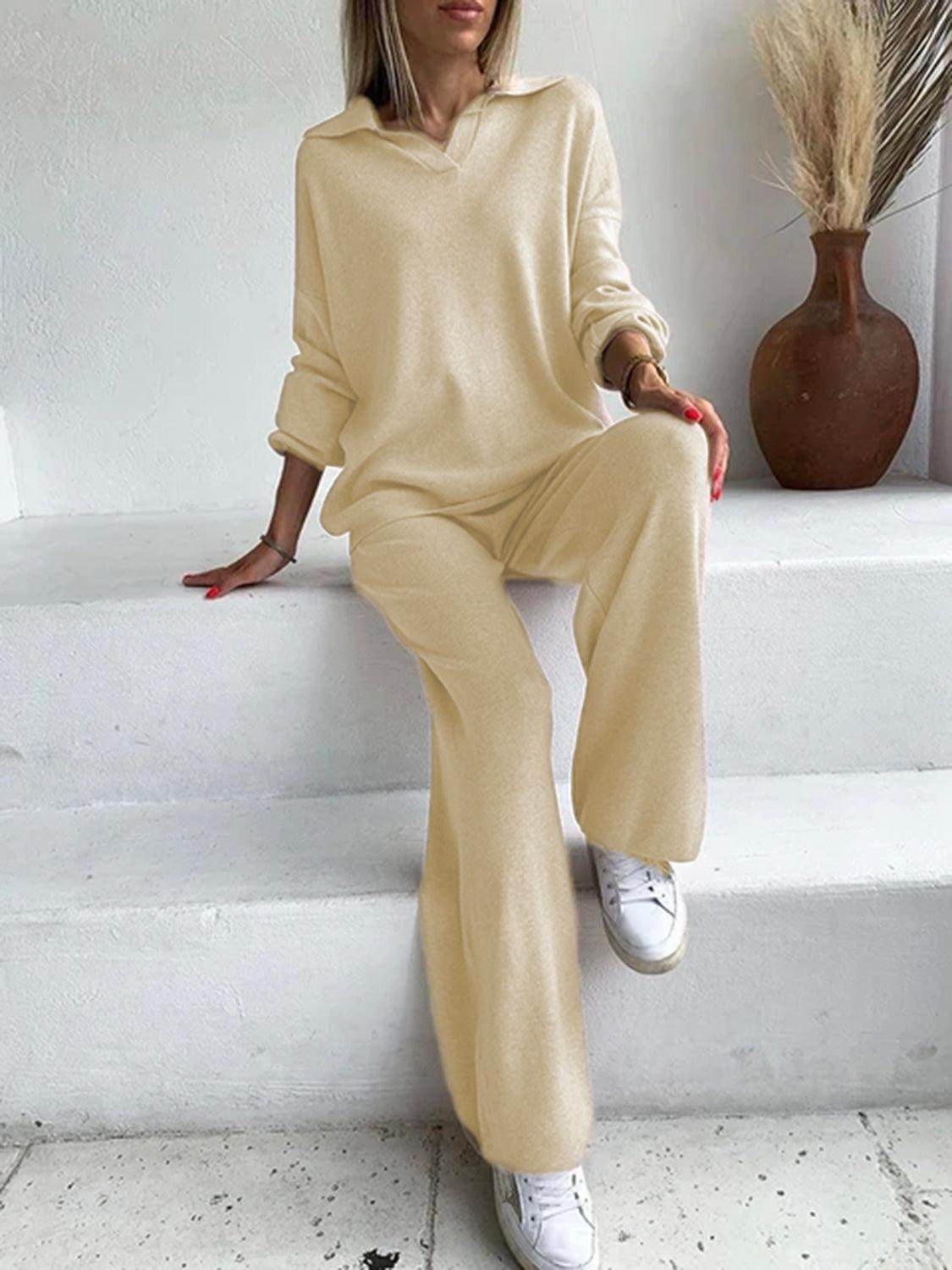 Johnny Collar Long Sleeve Top and Pants Sweater Set Women - Selvanelle