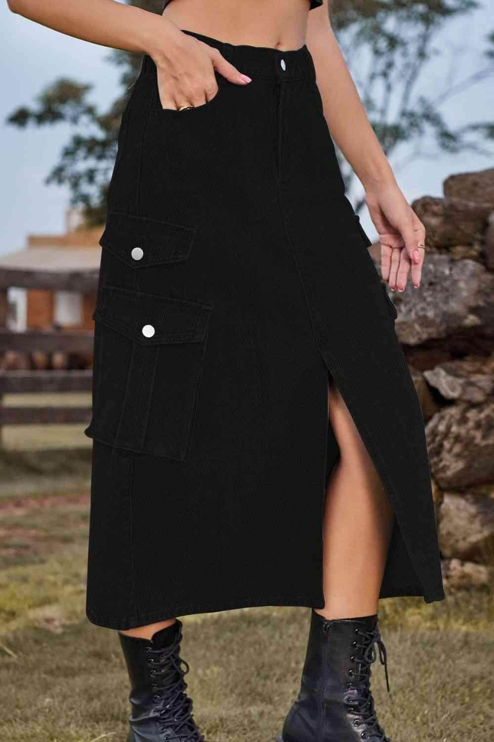 Slit Front Midi Denim Skirt with Pockets for Women - Selvanelle
