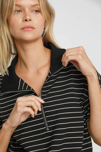 Umgee Striped Half Zip Short Sleeve Sweatshirt for Women - Selvanelle