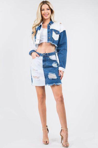 American Bazi Contrast Patched Frayed Denim Distressed Skirts - Selvanelle