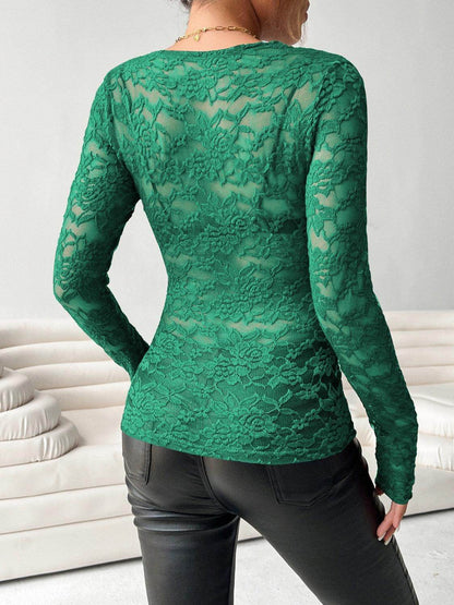 V-Neck Long Sleeve Lace Top for Women in Various Sizes - Selvanelle