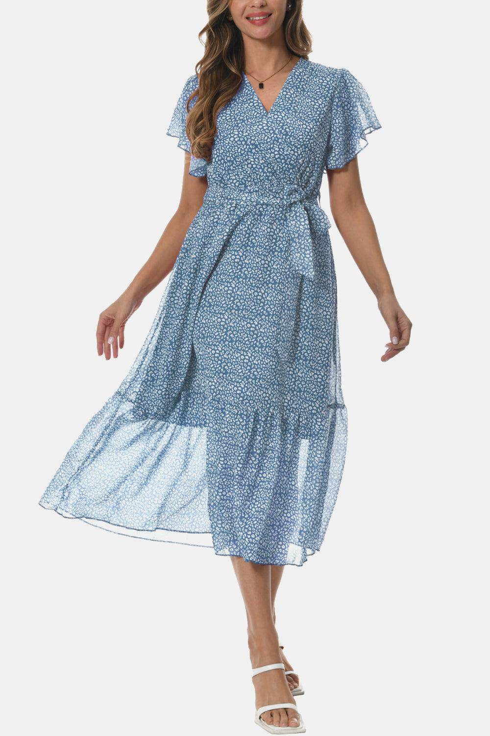 Surplice Neck Flutter Sleeve Tied Dress for Chic Style - Selvanelle