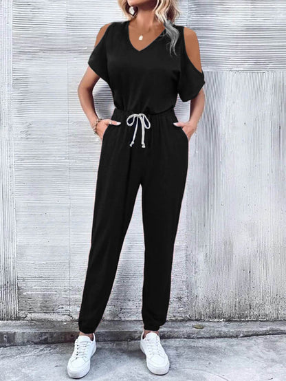 V-Neck Cold-Shoulder Jumpsuit with Pockets - Selvanelle