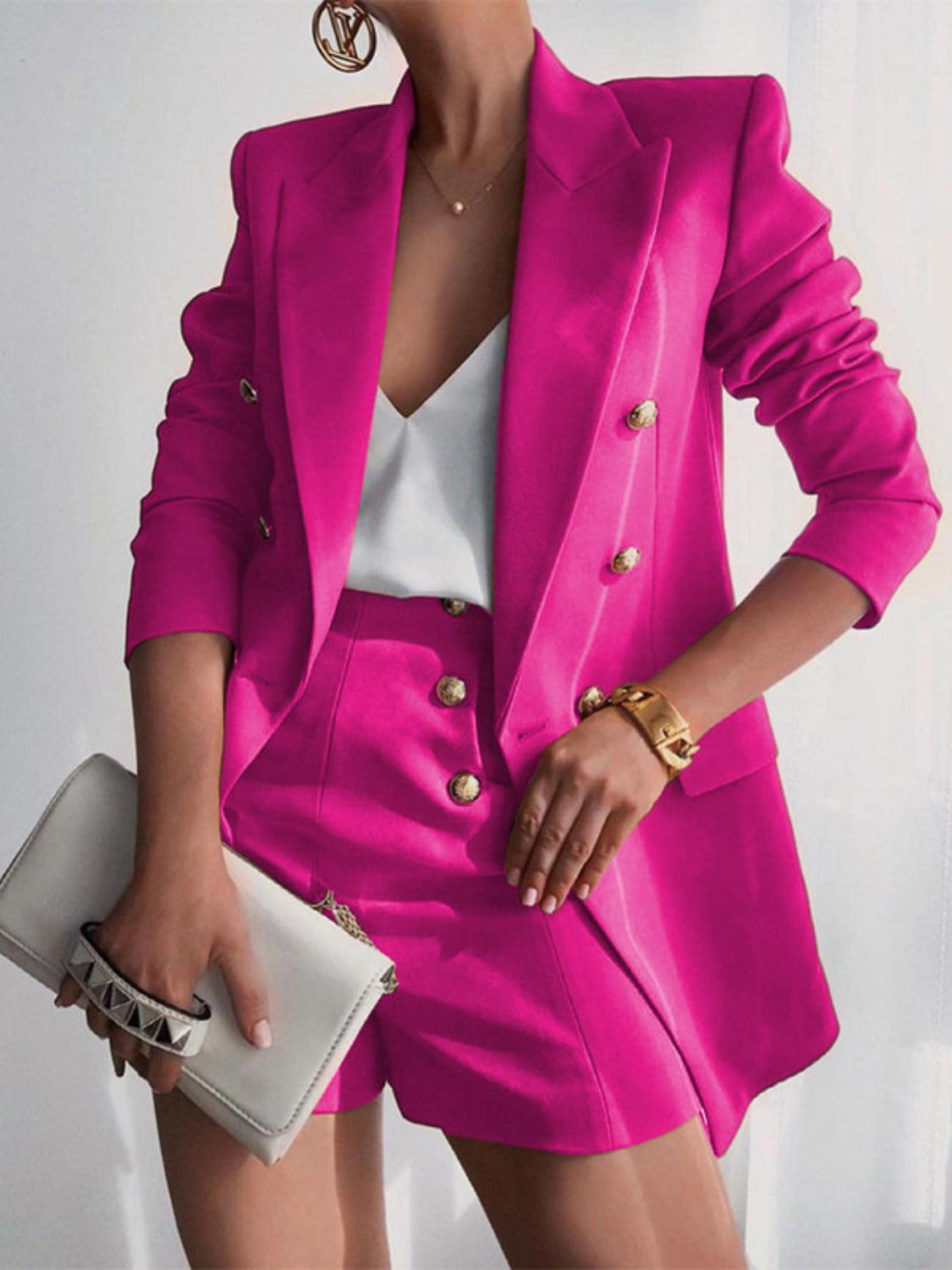 Lapel Collar Long Sleeve Blazer and Shorts Set for Women