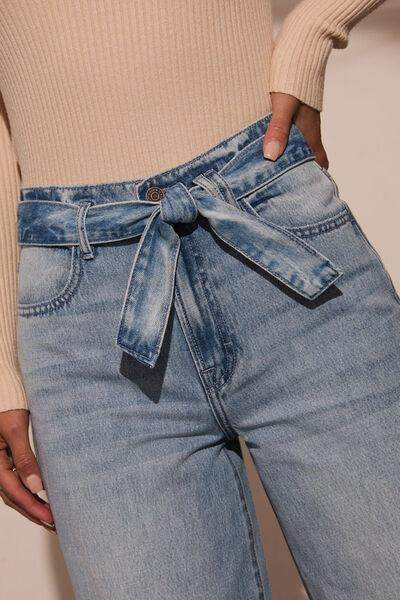 Tied Wide Leg Jeans with Pockets for Stylish Comfort - Selvanelle