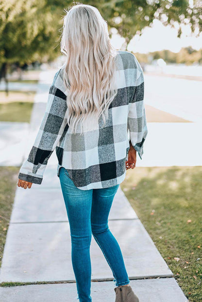 Plaid Button Up Dropped Shoulder Jacket for Women Stylish - Selvanelle