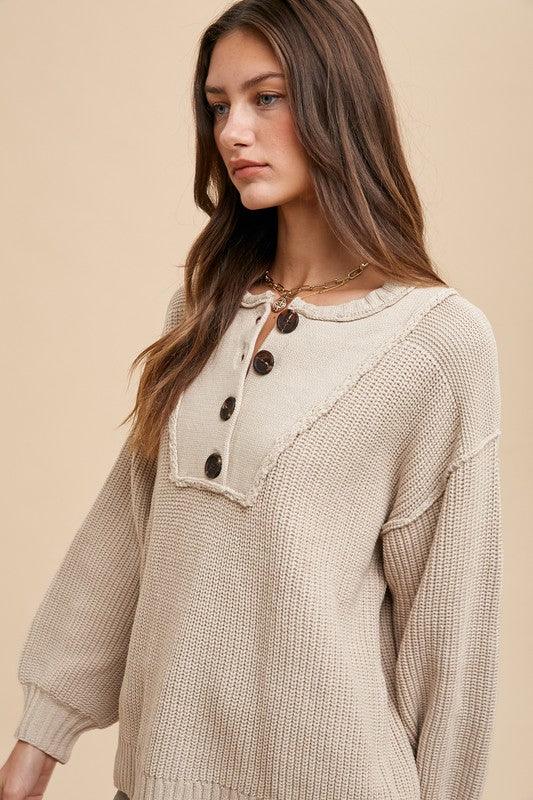 Annie Wear Half Button Ribbed Hem Sweater for Women