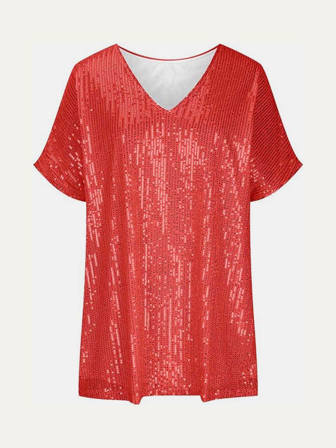 Full Size Sequin V-Neck Short Sleeve Top for Women - Selvanelle