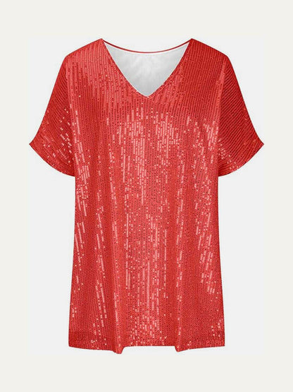 Full Size Sequin V-Neck Short Sleeve Top for Women - Selvanelle