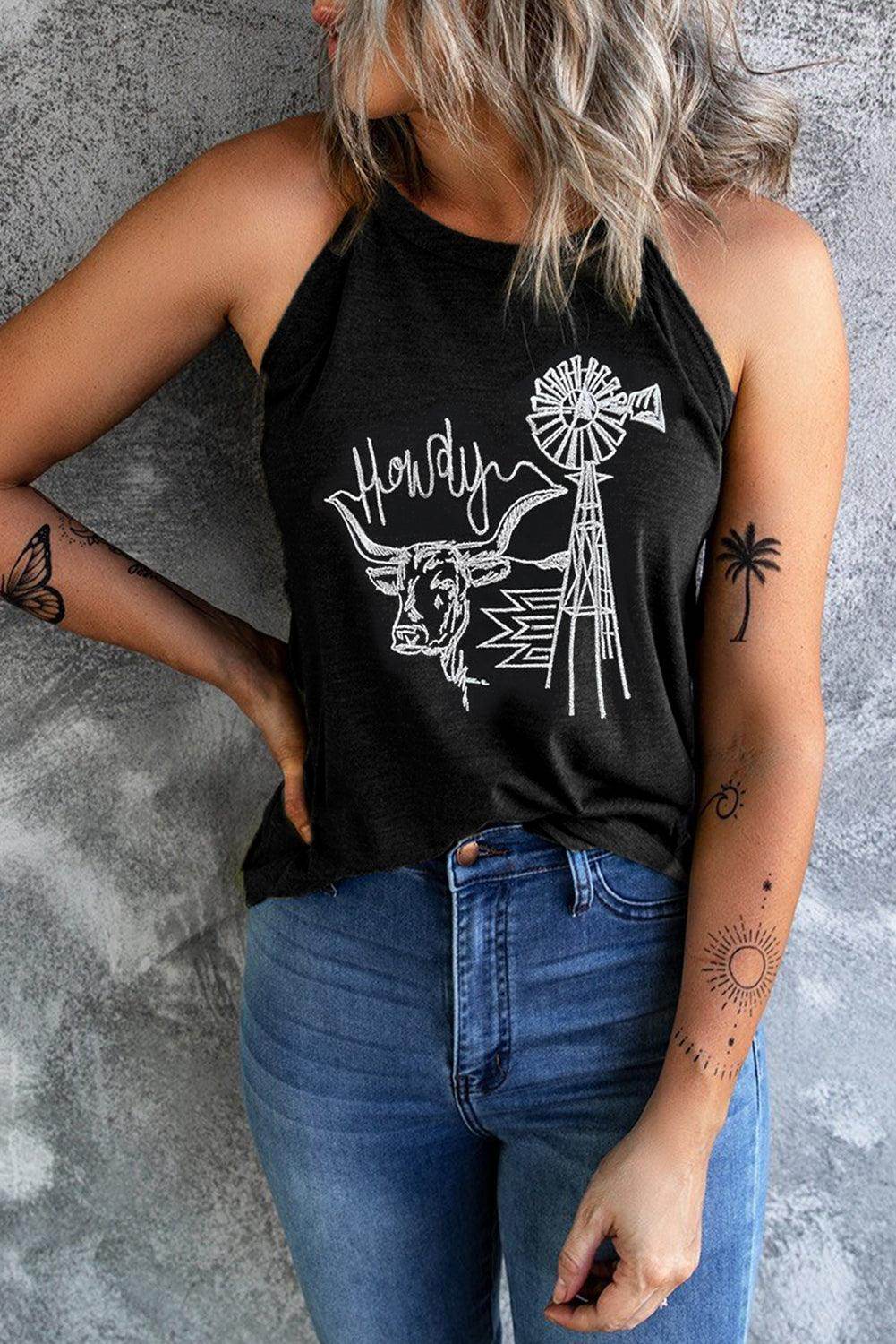 Bull Graphic Round Neck Tank Top for Women Stylish Fit - Selvanelle