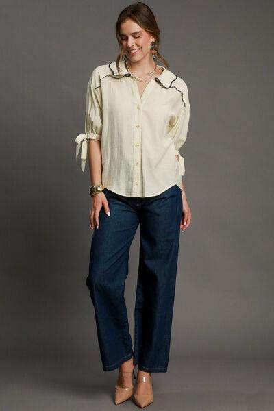 Umgee Full Size Embroidered Detail Button Down Shirt Plus Size - Selvanelle