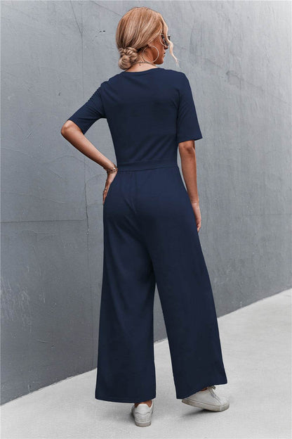 Scoop Neck Half Sleeve Wide Leg Jumpsuit - Selvanelle