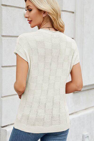 Checkered Round Neck Short Sleeve Knit Top for Women - Selvanelle