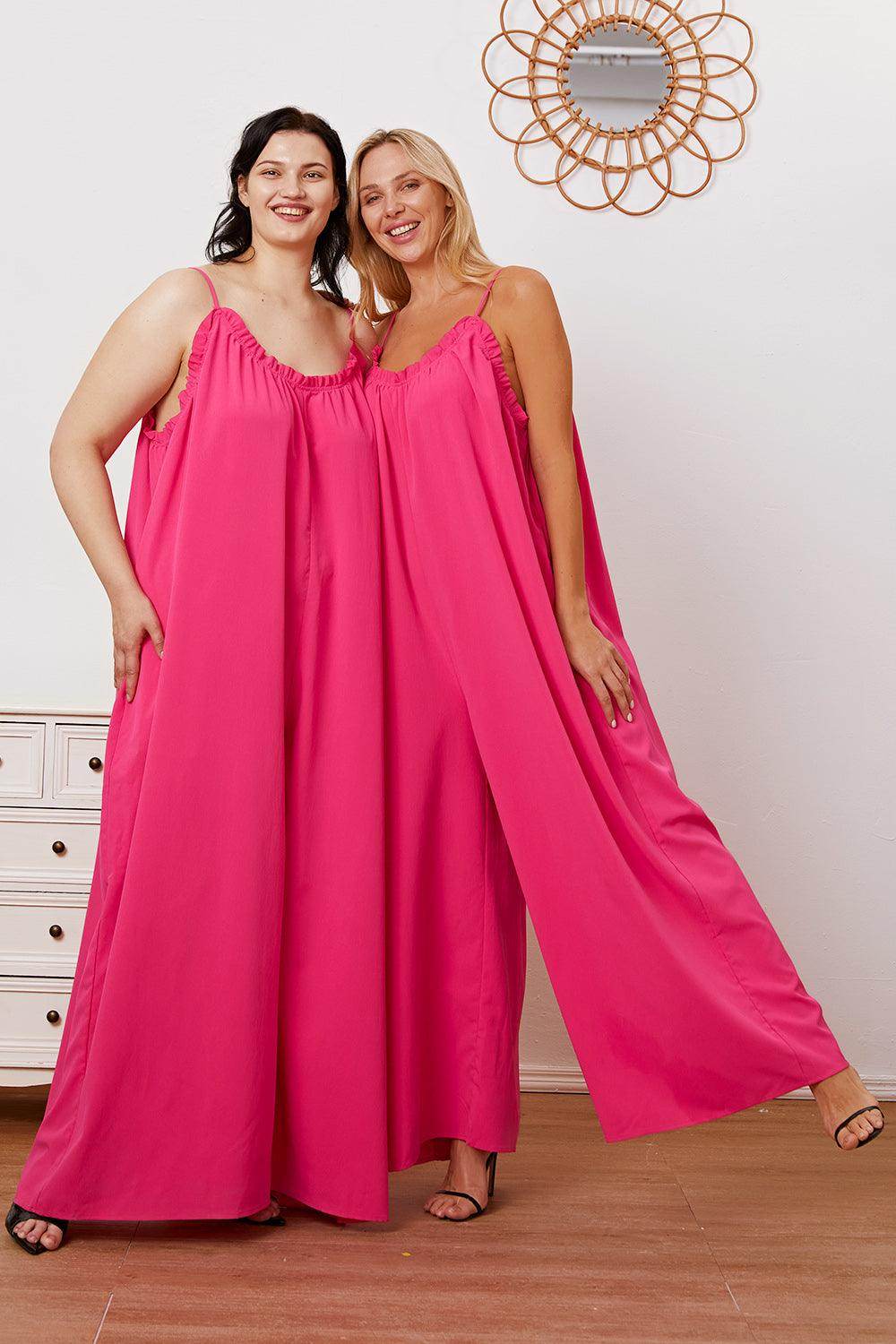 Double Take Full Size Ruffle Trim Tie Back Cami Jumpsuit - Selvanelle