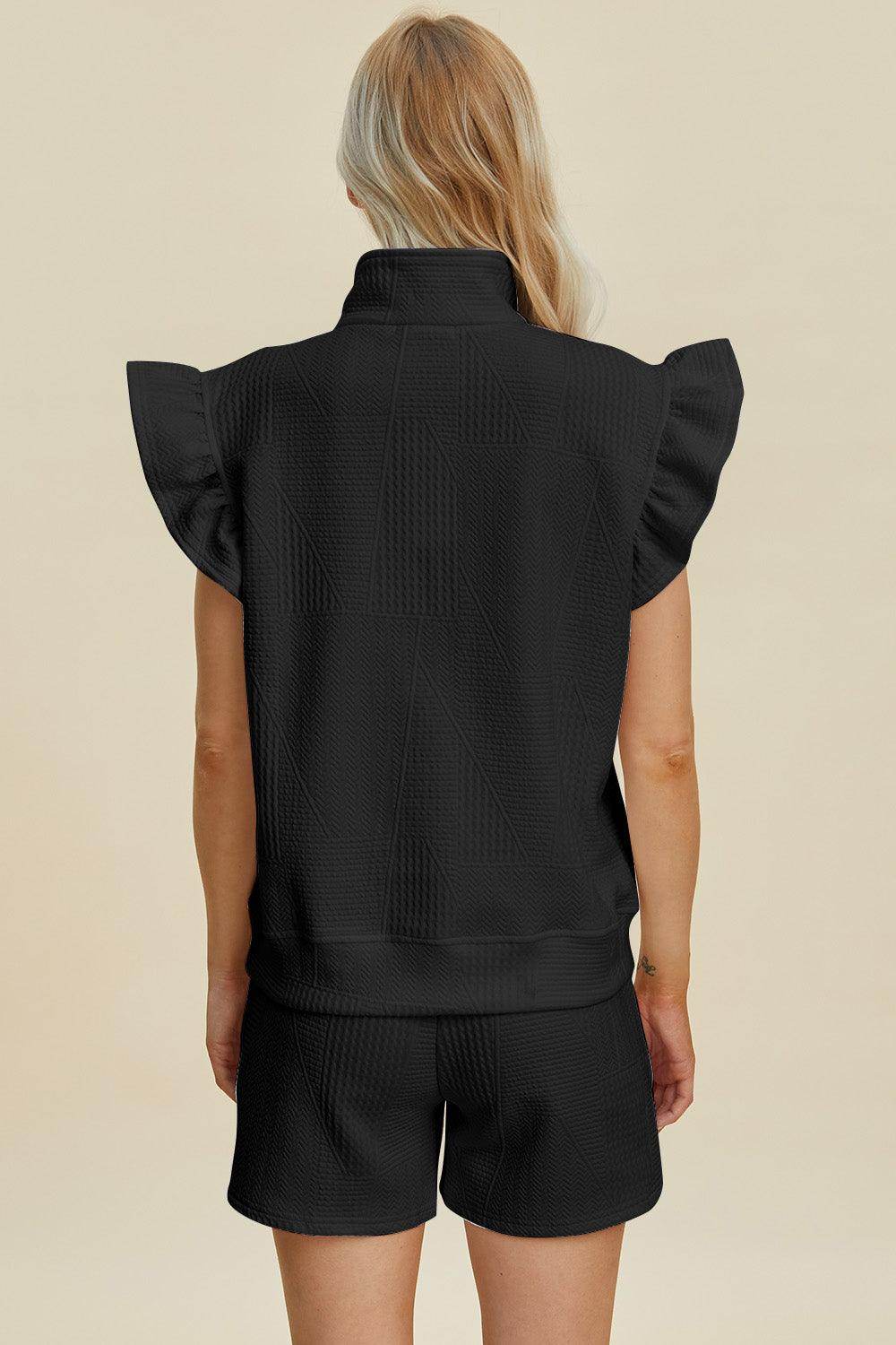 Double Take Full Size Texture Flounce Sleeve Top and Shorts Set - Selvanelle