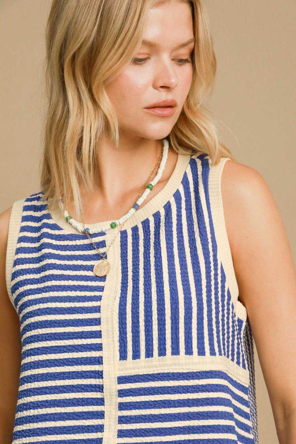 Umgee Round Neck Texture Striped Tank Top for Women - Selvanelle