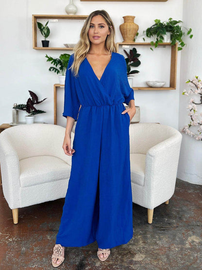 Double Take Full Size Surplice Wide Leg Jumpsuit with Pockets - Selvanelle