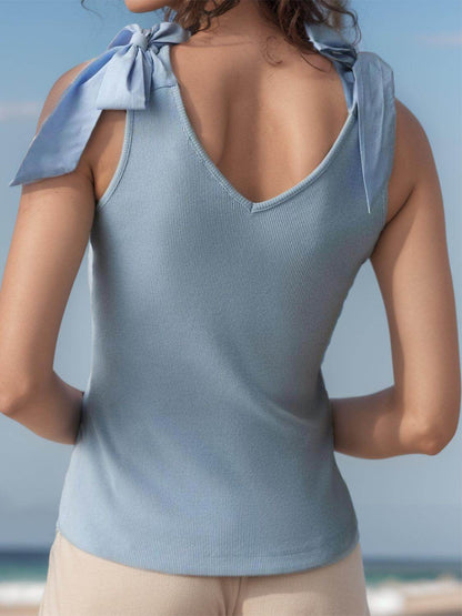 V-Neck Tie Shoulder Tank Top for Women with Stretch Fabric - Selvanelle