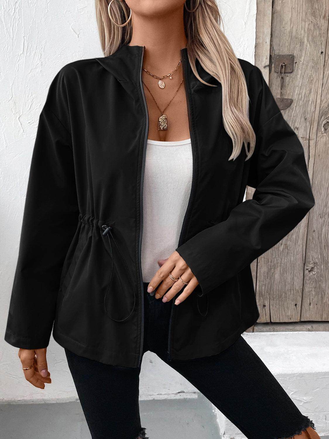 Ivy Lane Drawstring Zip Up Hooded Jacket for Women - Selvanelle