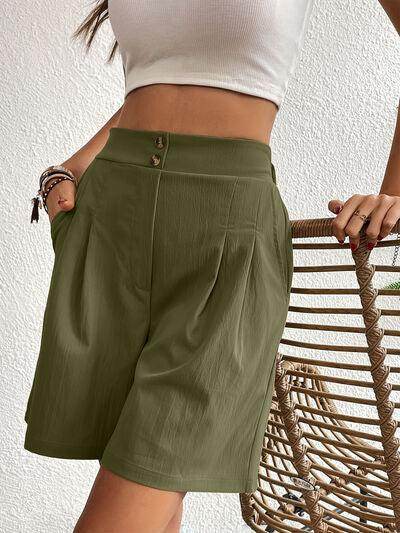 Pocketed Half Elastic Waist Shorts with Side Pockets - Selvanelle