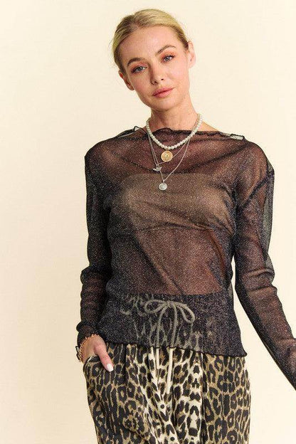 Davi & Dani Glitter Mesh Lettuce Hem Long Sleeve Top for Women - Selvanelle