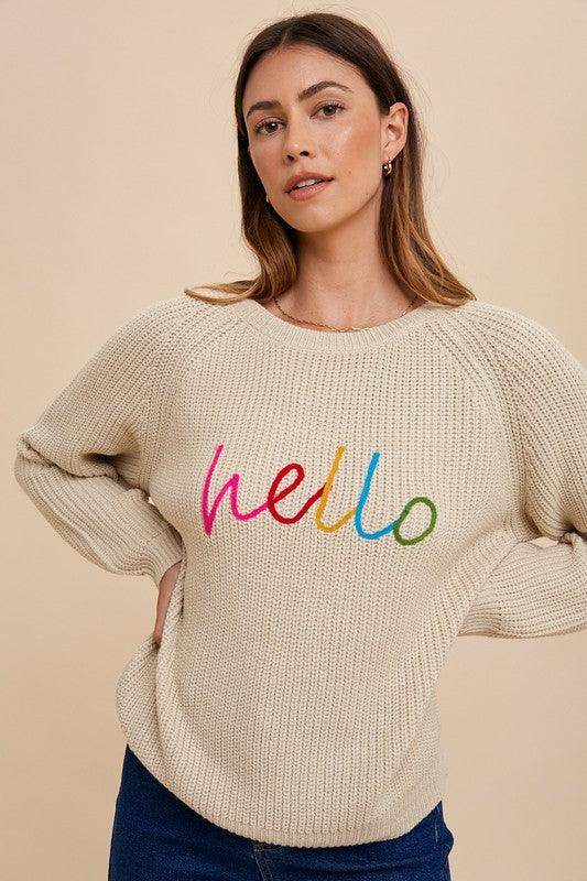 Annie Wear HELLO Embroidered Raglan Sleeve Sweater for Women - Selvanelle