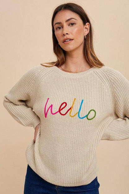 Annie Wear HELLO Embroidered Raglan Sleeve Sweater for Women - Selvanelle