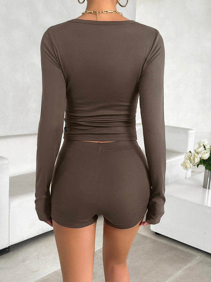 Devine Scoop Neck Long Sleeve Top and Shorts Set for Women - Selvanelle