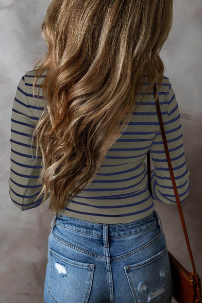 Striped V-Neck Long Sleeve Top for Women Casual Wear - Selvanelle