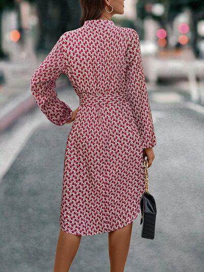 Tied Printed Notched Balloon Sleeve Dress for Women - Selvanelle