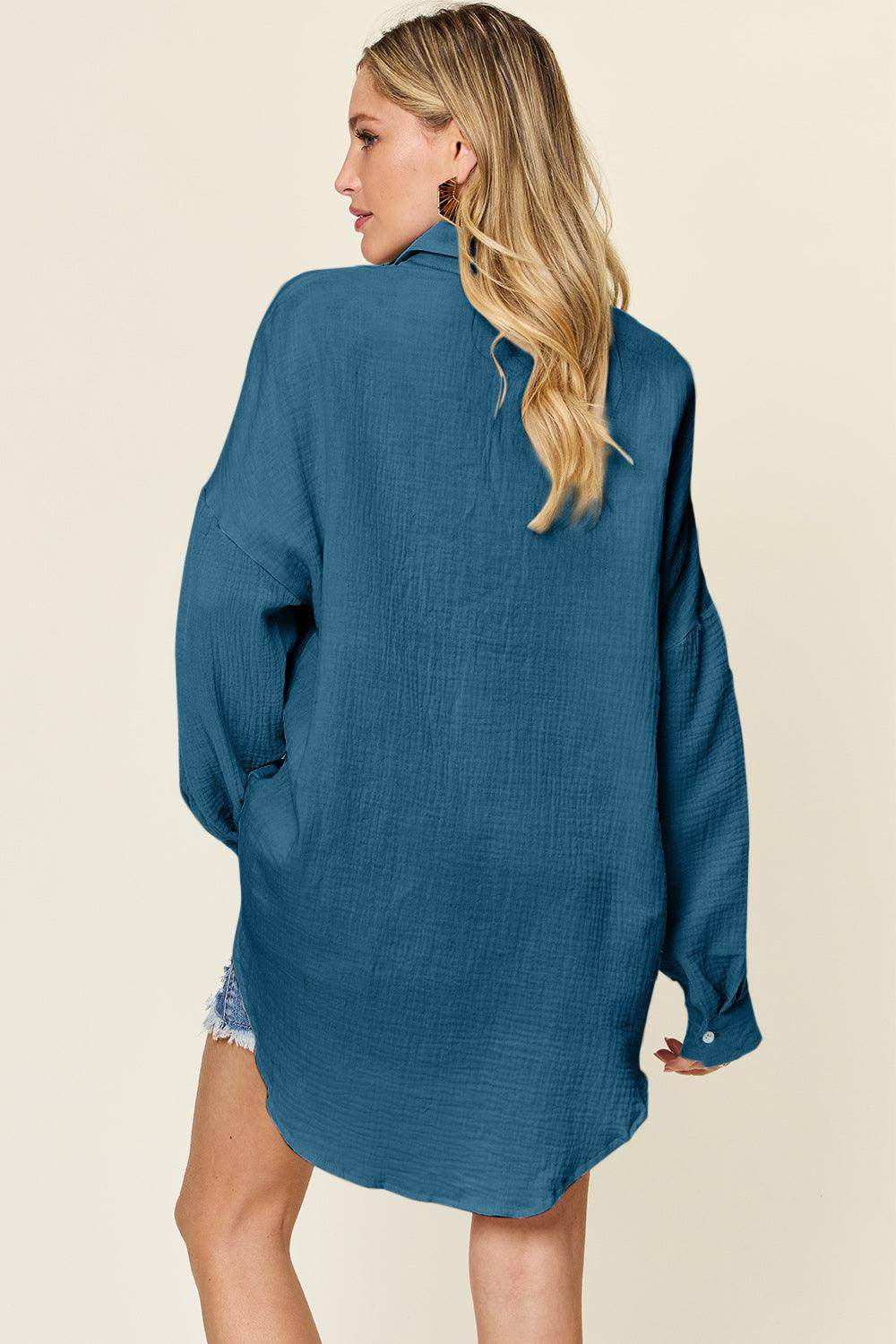 Double Take Full Size Pocketed Texture Button Up Shirt - Selvanelle