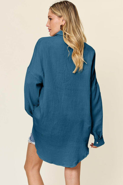 Double Take Full Size Pocketed Texture Button Up Shirt - Selvanelle