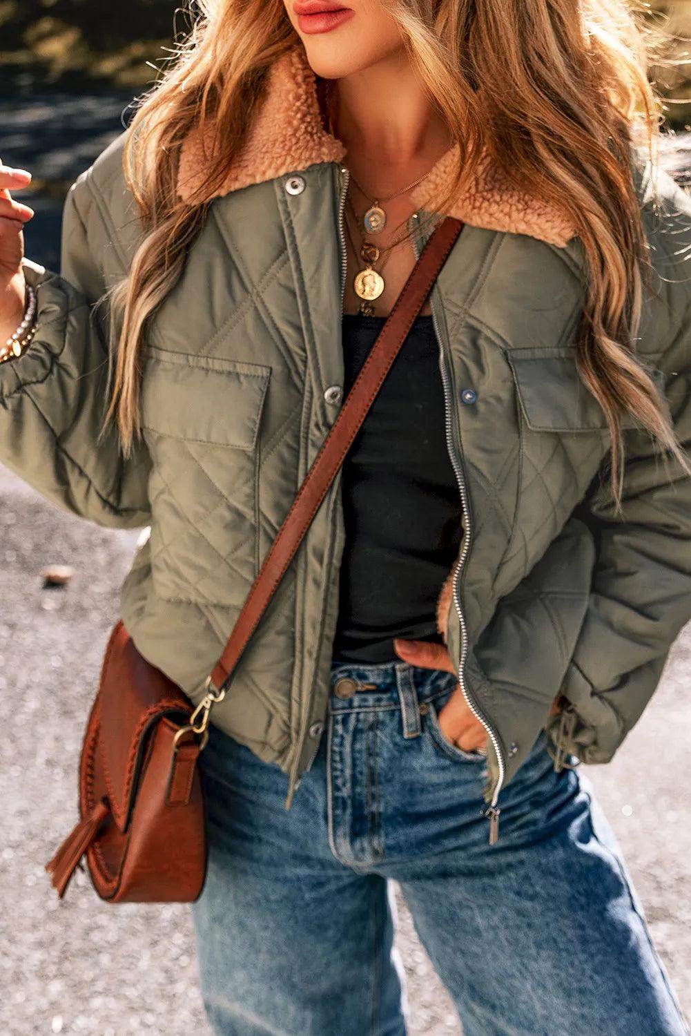 Drawstring Collared Neck Long Sleeve Winter Coat for Women - Selvanelle