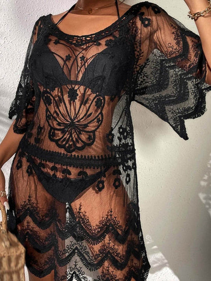 Lace Round Neck Half Sleeve Cover-Up - Selvanelle
