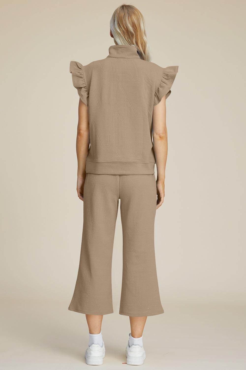 Double Take Full Size Texture Ruffle Top and Pants Set - Selvanelle