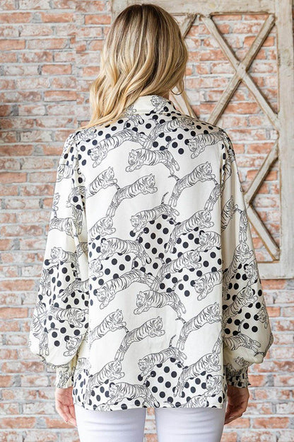 First Love Tiger Print Collared Neck Long Sleeve Satin Shirt - Selvanelle